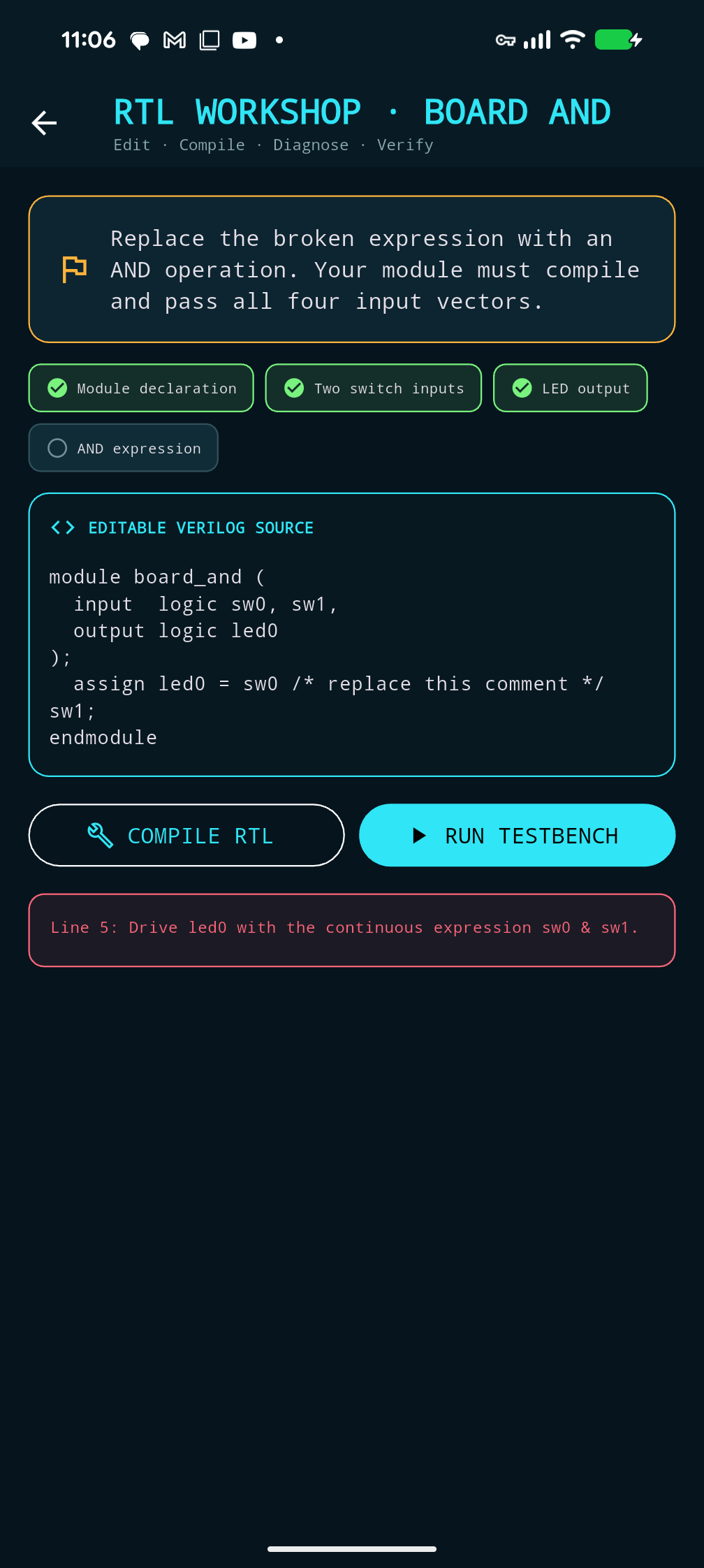 Verilog workspace in the app