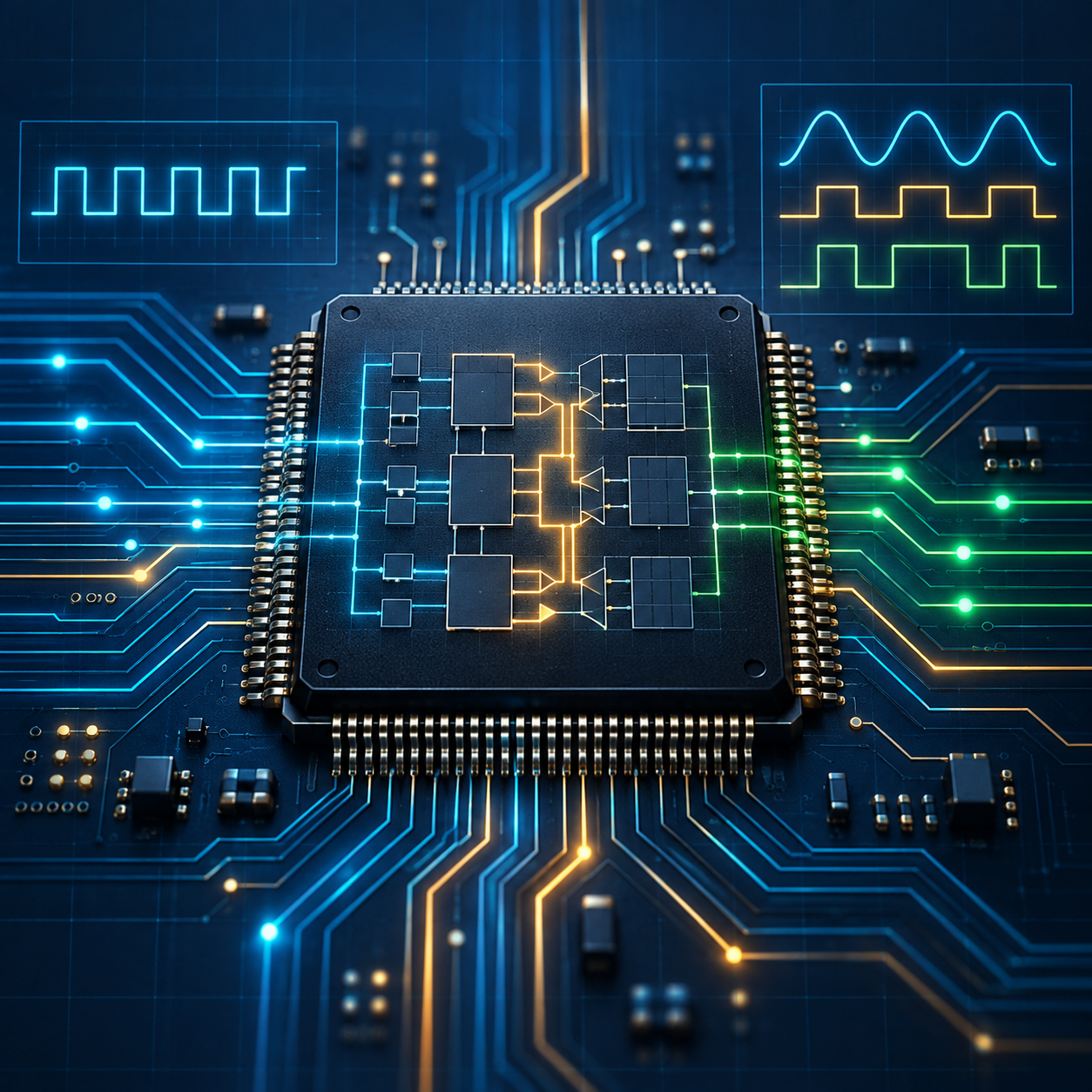 Illustration of parallel signal paths flowing through an FPGA chip